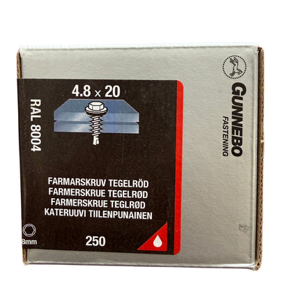 Farmarskruv Gunnebo tegelröd RAL 8004 4,8x20 mm, förpackning framsida med produktbild