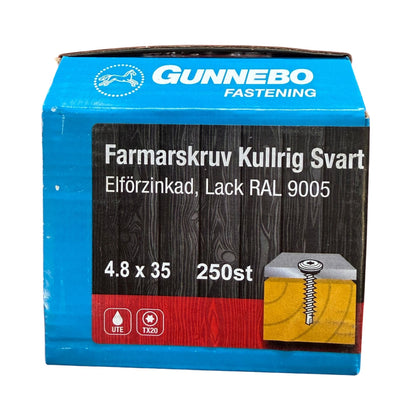 Farmarskruv Gunnebo kullrig svart RAL 9005 4,8x35 mm, förpackning framsida med produktbild