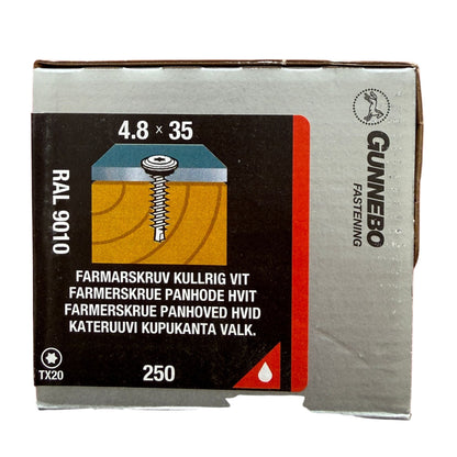 Farmarskruv Gunnebo kullrig vit RAL 9010 4,8x35 mm, förpackning framsida med produktbild