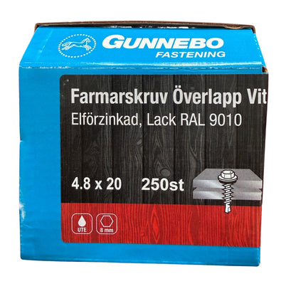 Farmarskruv Gunnebo överlapp vit RAL 9010 4,8x20 mm, förpackning framsida med produktbild