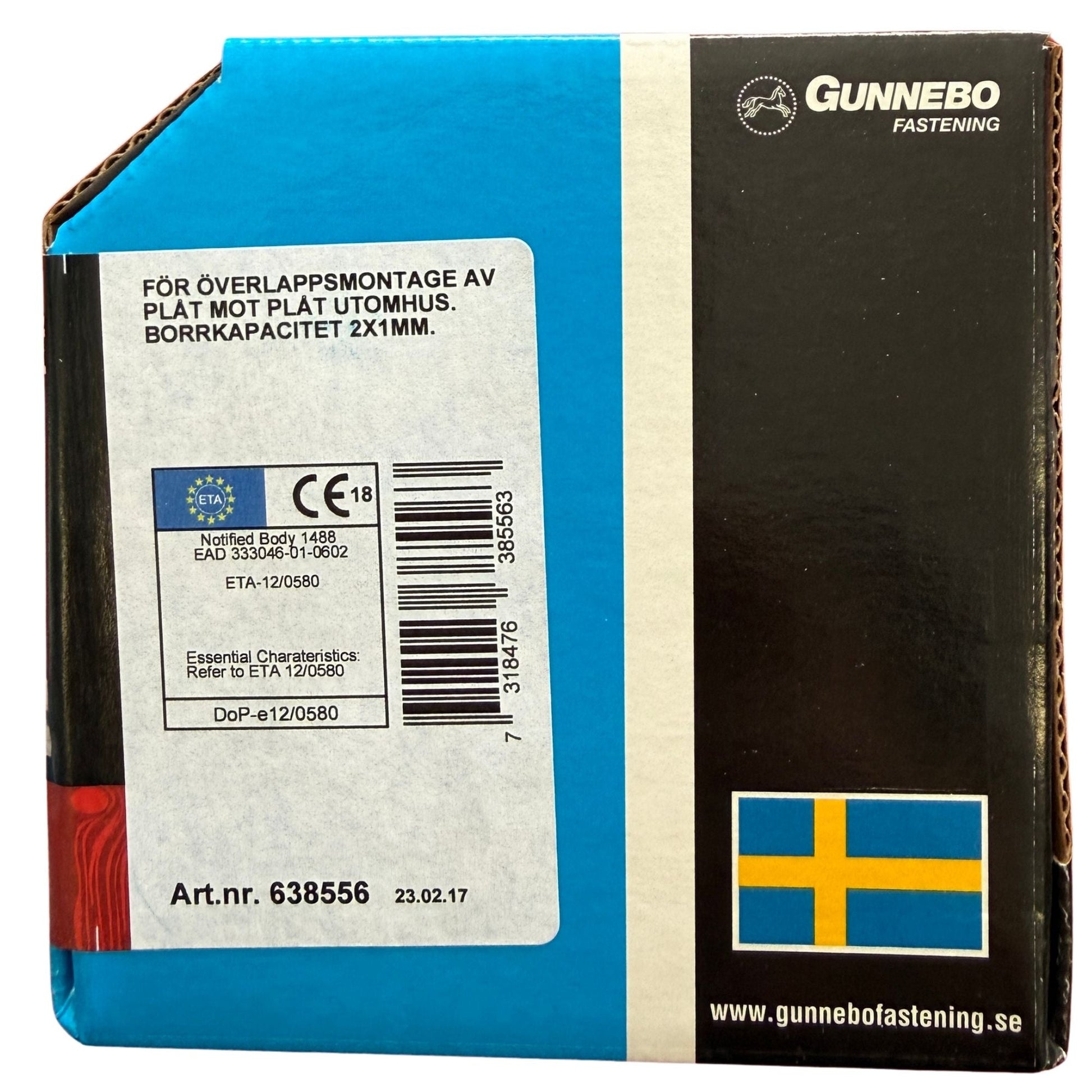 Farmarskruv Gunnebo förpackning sida med CE-märkning, ETA-godkännande och artikelnummer 638556