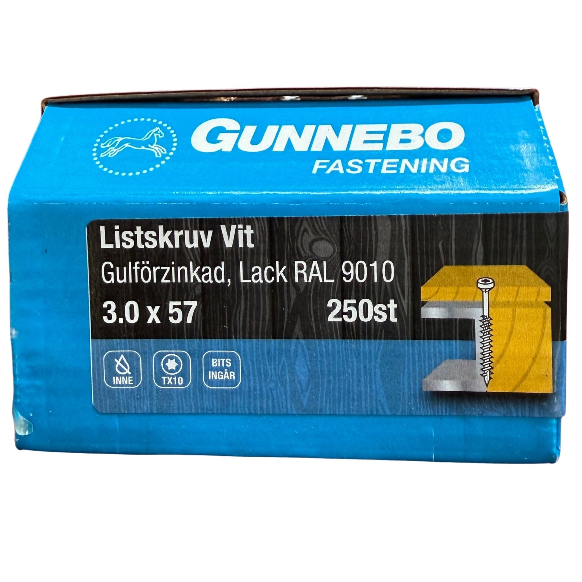 Listskruv Gunnebo vit RAL 9010 3,0x57 mm, förpackning framsida med produktbild