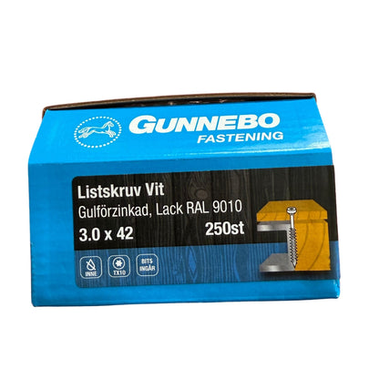 Listskruv Gunnebo vit RAL 9010 3,0x42 mm, förpackning framsida med produktbild
