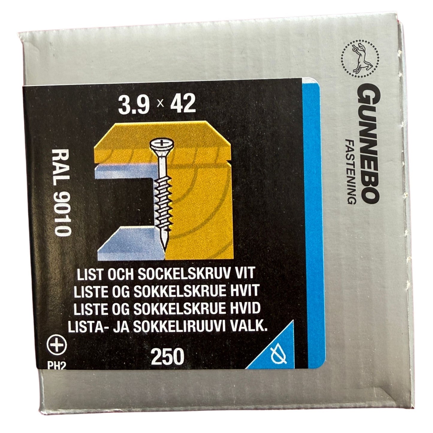 List och sockelskruv Gunnebo vit RAL 9010 3,9x42 mm, förpackning framsida med produktbild