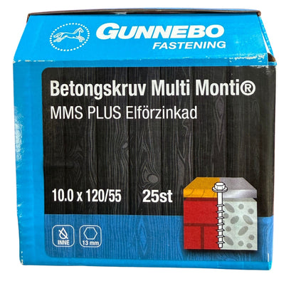 Betongskruv Gunnebo Multi Monti MMS Plus elförzinkad 10,0x120/55 mm, förpackning framsida med produktbild