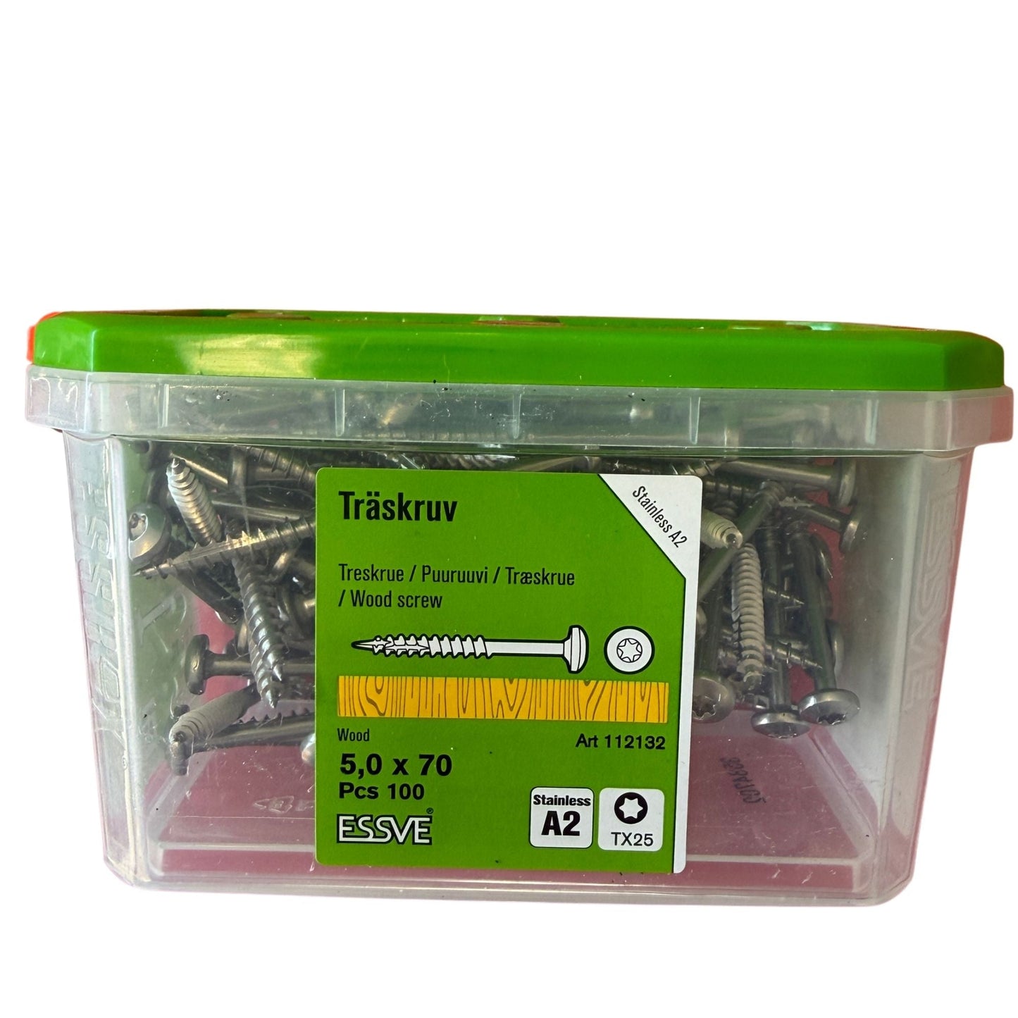 Träskruv ESSVE rostfri A2 5,0x70 mm TX25, förpackning med 100 st, framsida med produktetikett
