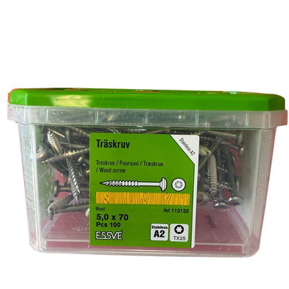 Träskruv ESSVE rostfri A2 5,0x70 mm TX25, förpackning med 100 st, framsida med produktetikett