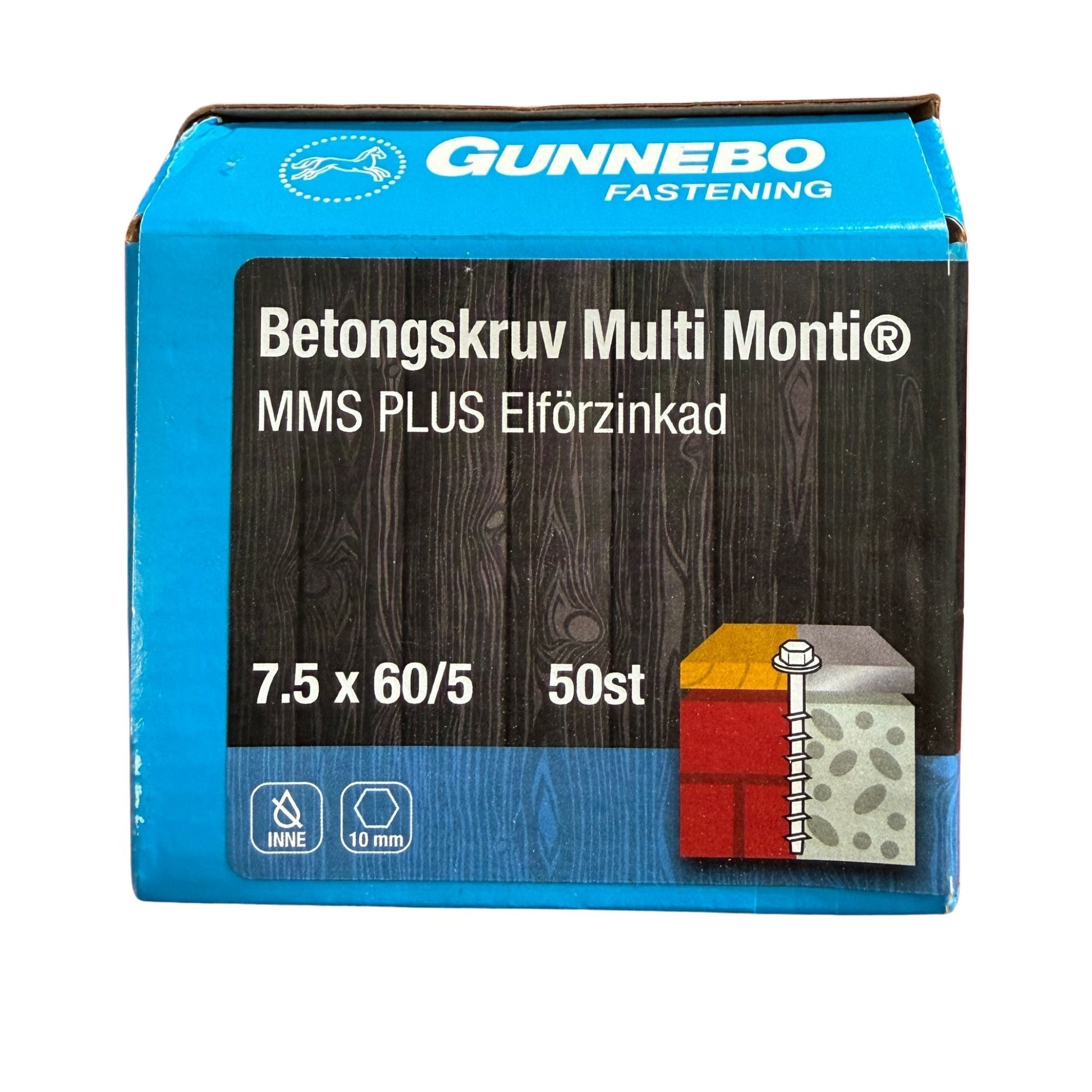 Betongskruv Gunnebo Multi Monti MMS Plus elförzinkad 7,5x60/5 mm, förpackning framsida med produktbild