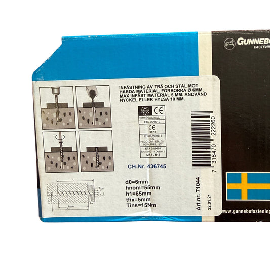 Betongskruv Gunnebo förpackning sida med monteringsanvisning, CE-märkning ETA och artikelnummer 71044