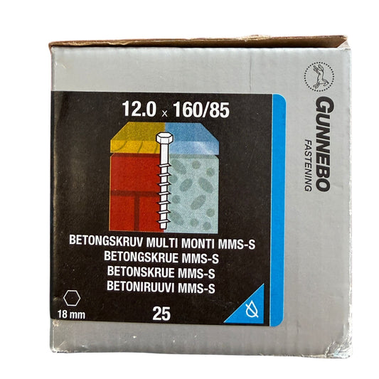 Betongskruv Gunnebo Multi Monti MMS-S elförzinkad 12,0x160/85 mm, förpackning framsida med produktbild