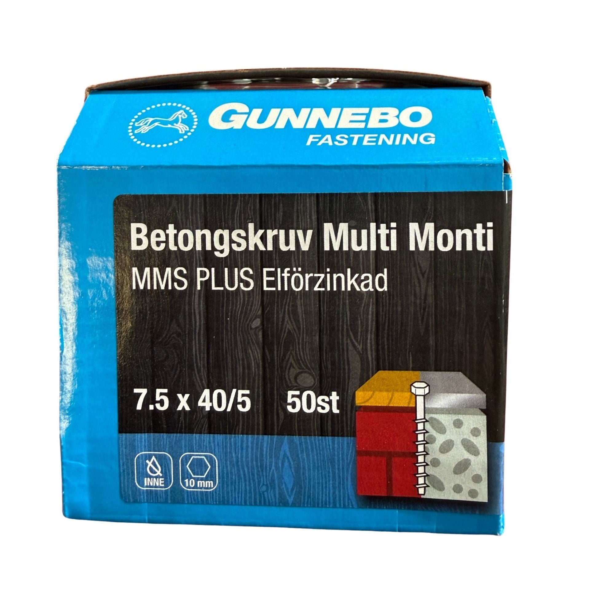 Betongskruv Gunnebo Multi Monti MMS Plus elförzinkad 7,5x40/5 mm, förpackning framsida med produktbild
