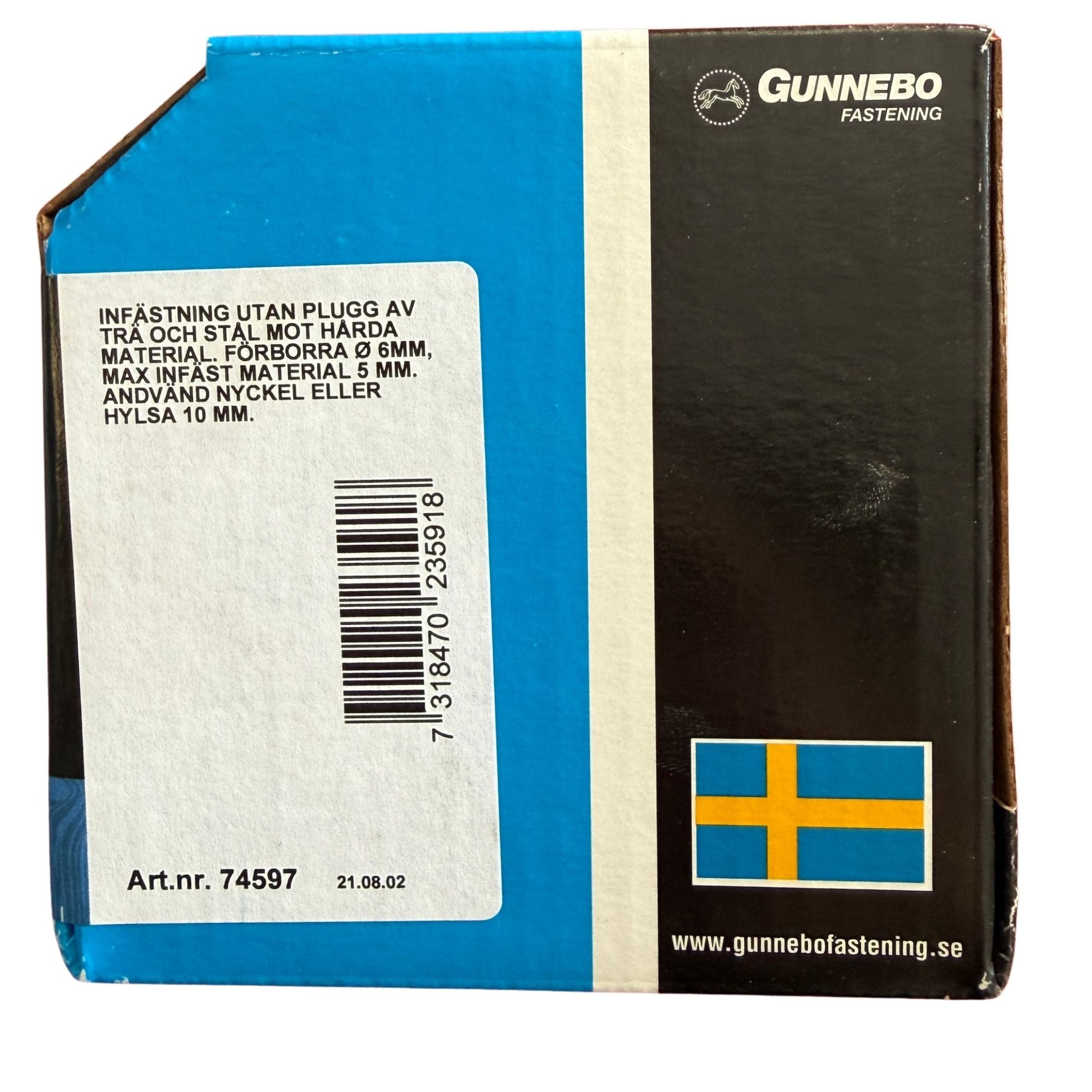 Betongskruv Gunnebo förpackning sida med monteringsanvisning och artikelnummer 74597