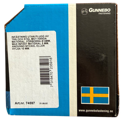 Betongskruv Gunnebo förpackning sida med monteringsanvisning och artikelnummer 74597
