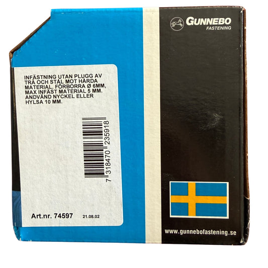 Betongskruv Gunnebo förpackning sida med monteringsanvisning och artikelnummer 74597