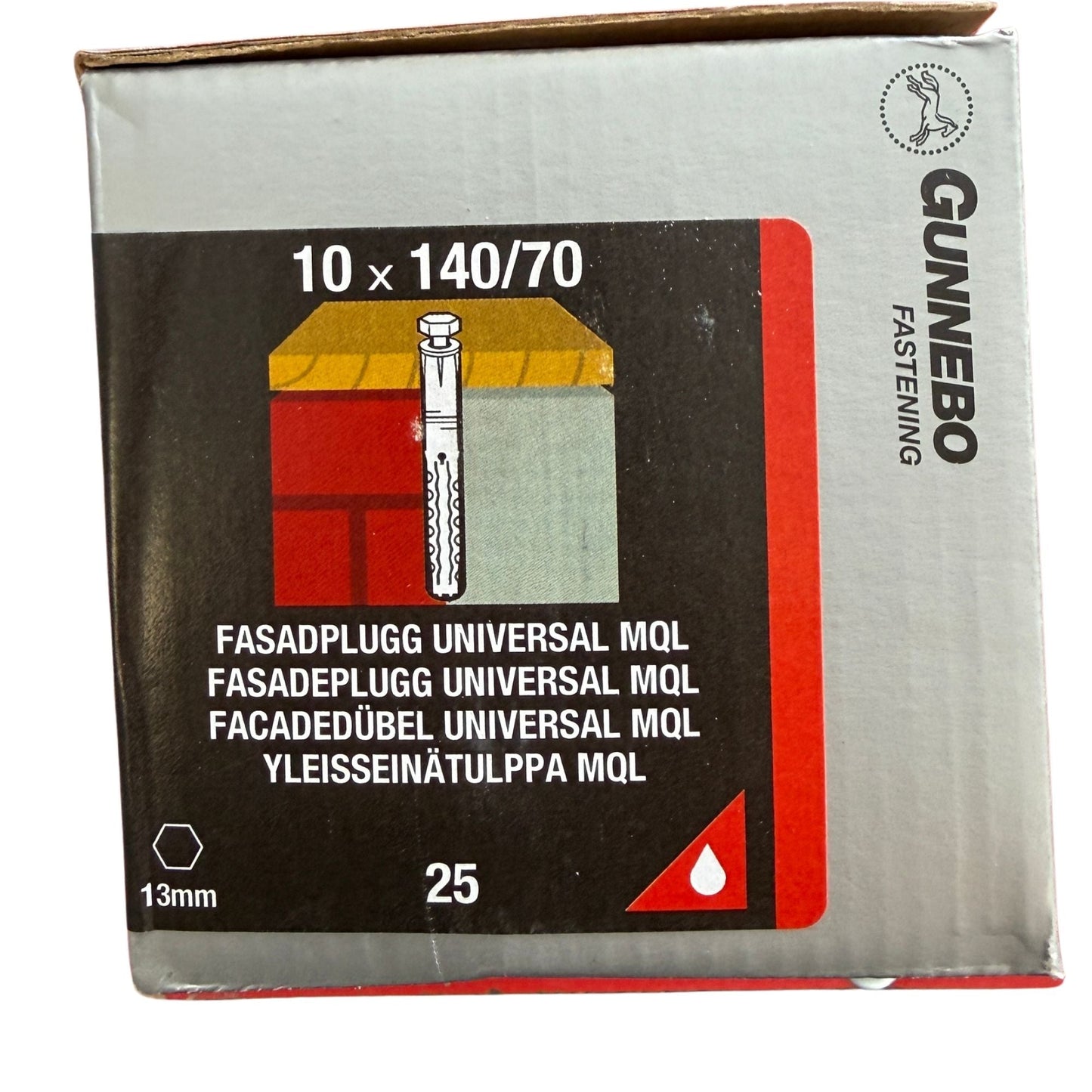 Fasadplugg Gunnebo Universal MQL 10x140/70 mm, förpackning framsida med produktbild och måttritning