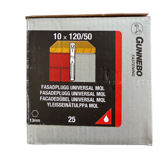Fasadplugg Gunnebo Universal MQL 10x120/50 mm, förpackning framsida med produktbild och måttritning