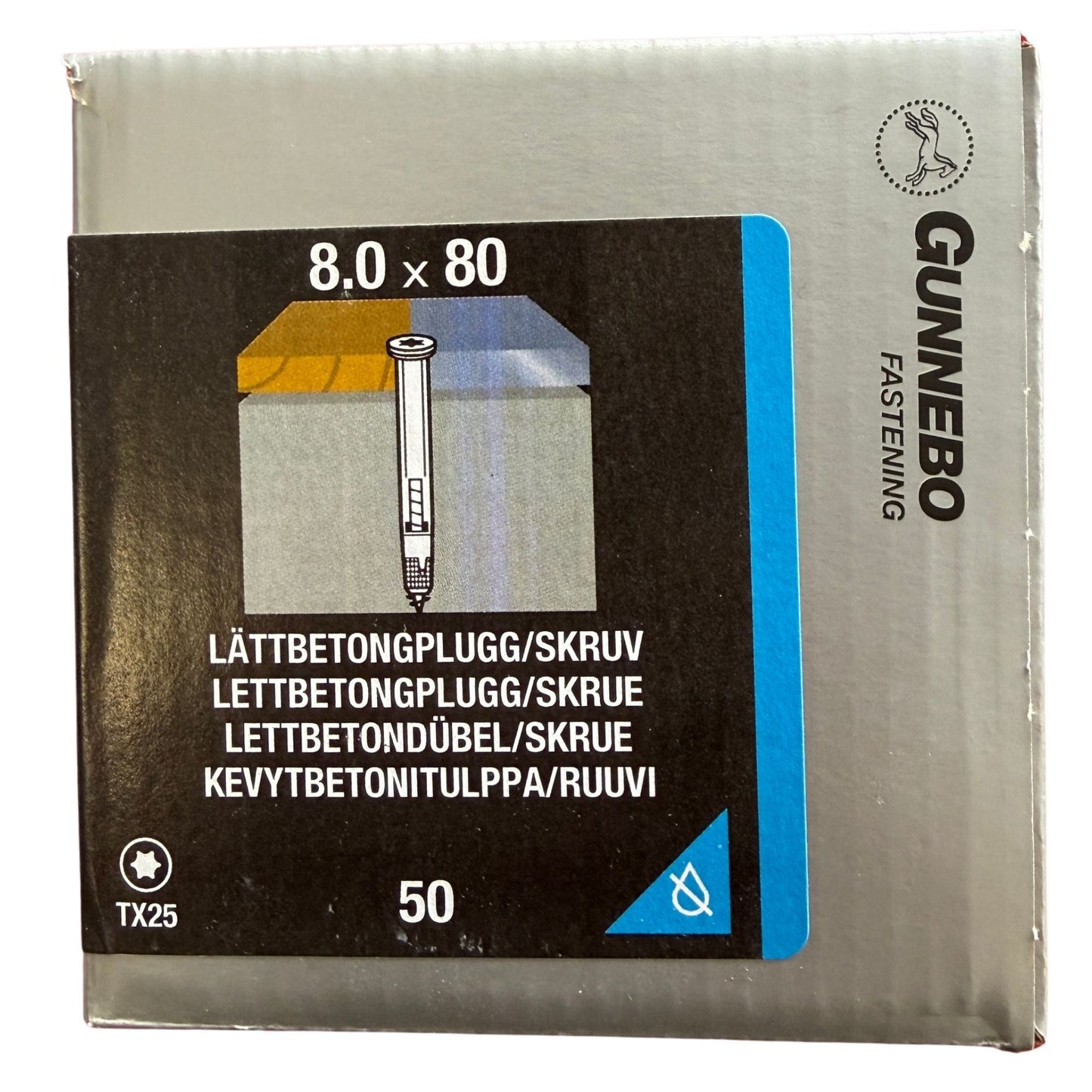 Lättbetongplugg/skruv Gunnebo elförzinkad 8,0x80 mm, förpackning framsida med produktbild