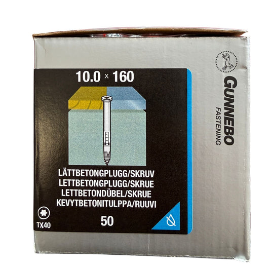 Lättbetongplugg/skruv Gunnebo elförzinkad 10,0x160 mm, förpackning framsida med produktbild