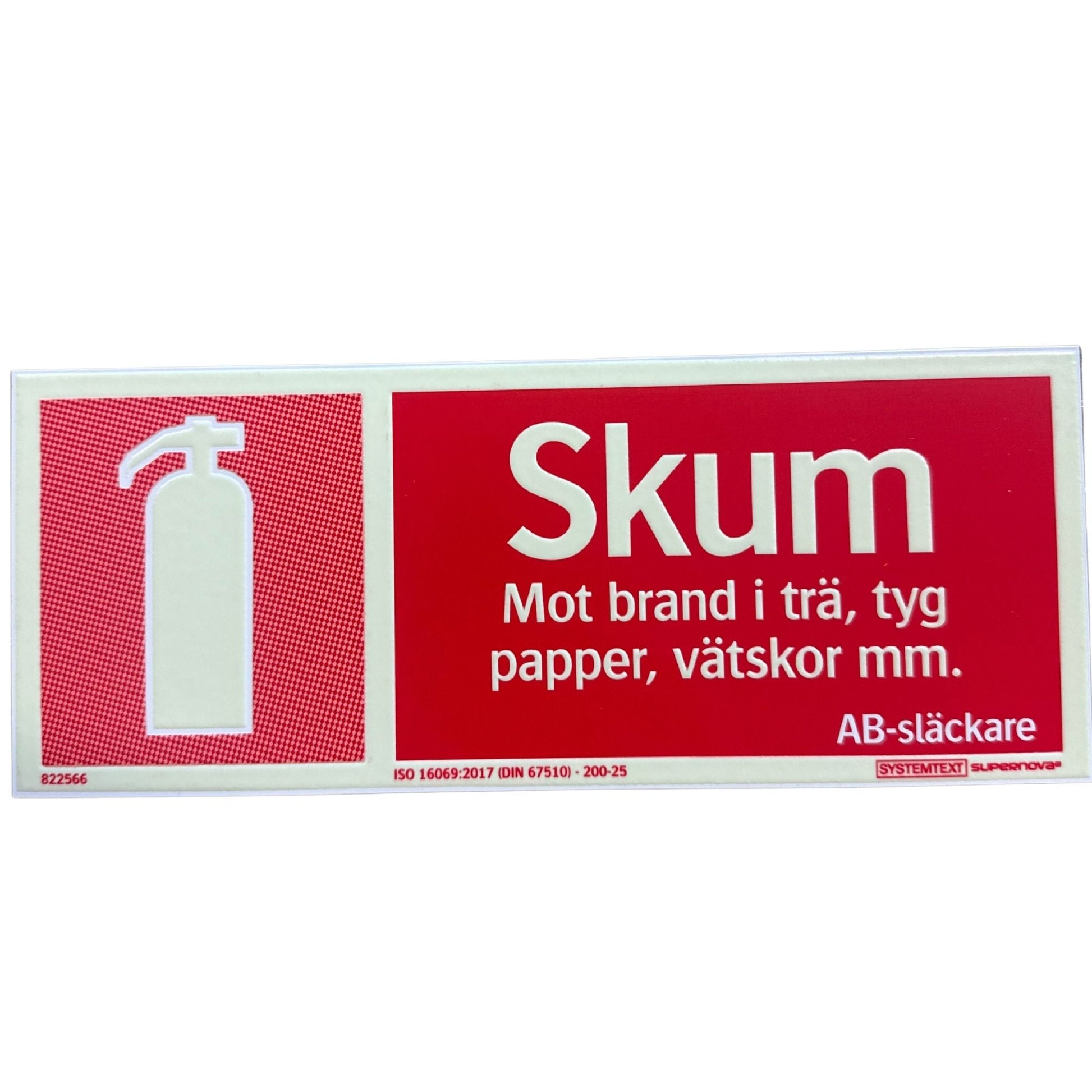 Efterlysande skylt Skum AB-släckare med brandsläckarsymbol från Systemtext