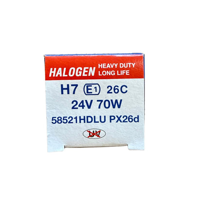 Baksida av förpackning med specifikationer H7 E1 26C 24V 70W PX26d för Tungsram halogenlampa