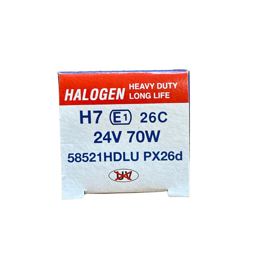Baksida av förpackning med specifikationer H7 E1 26C 24V 70W PX26d för Tungsram halogenlampa