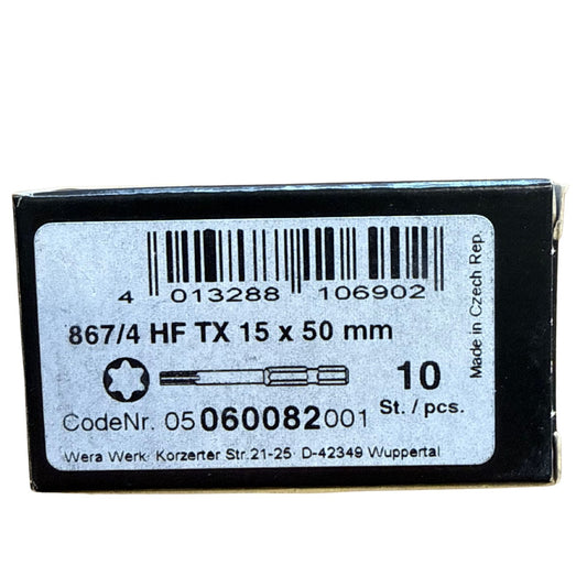 Förpackning med streckkod och specifikationer för Wera Torx TX15x50 bits