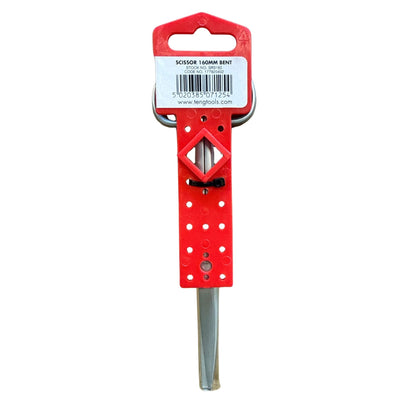 Baksida av förpackning med artikelnummer och streckkod för Teng Tools precisionssax böjd 160 mm