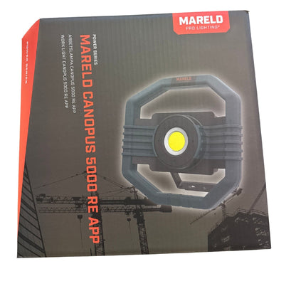 Mareld Canopus 5000 RE APP laddbar LED-arbetslampa i förpackning, framsida