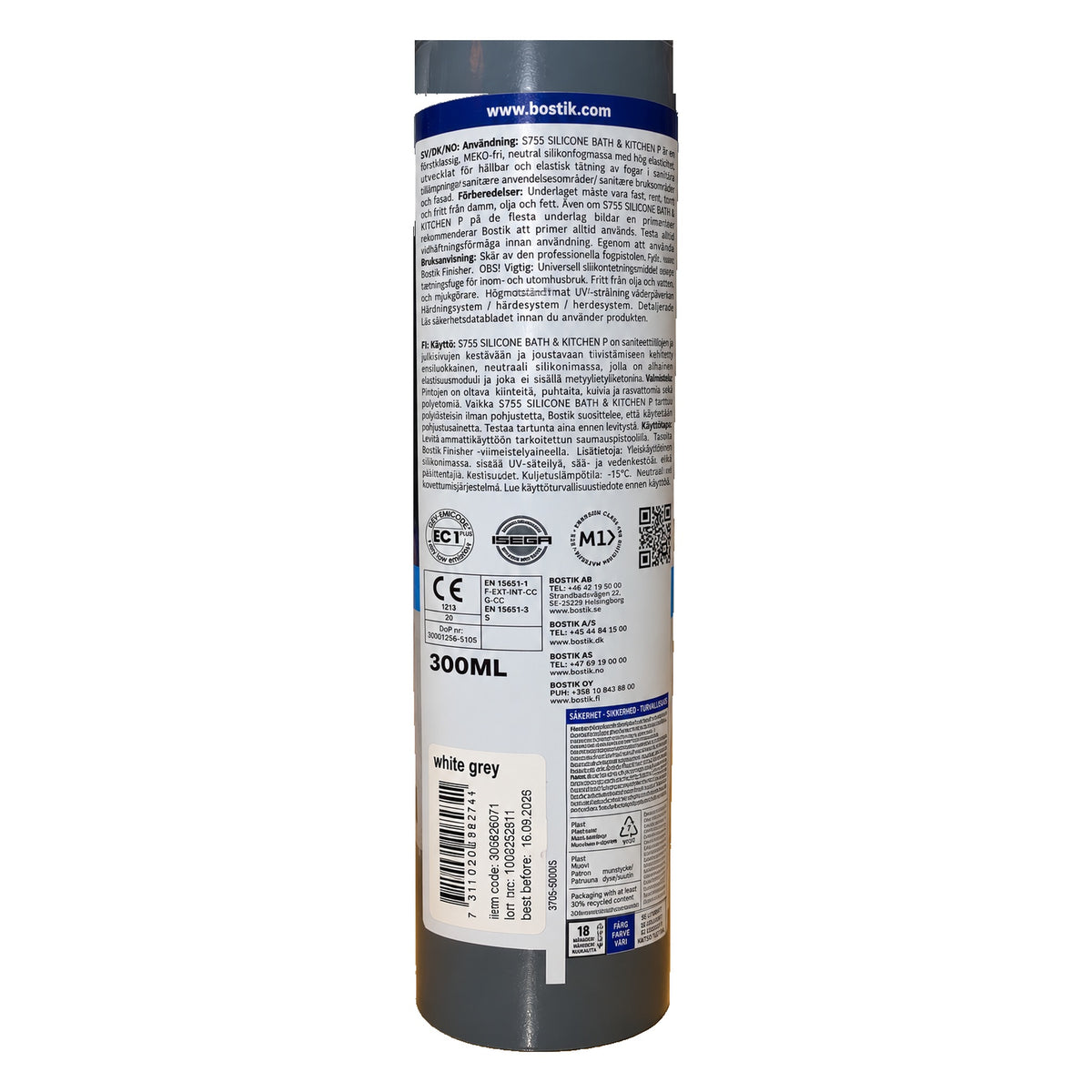 Silikonfog S755 baksida med bruksanvisning, kulör white grey och datummärkning