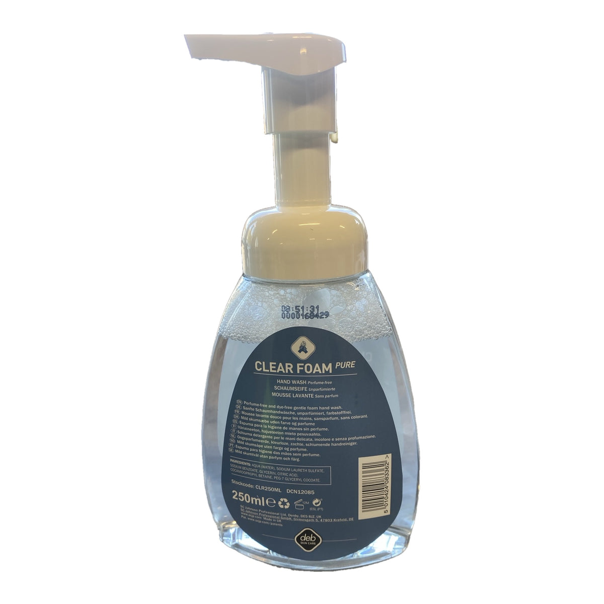 Baksida av Deb Clear Foam Pure 250 ml med ingredienser och artikelnummer CLR250ML