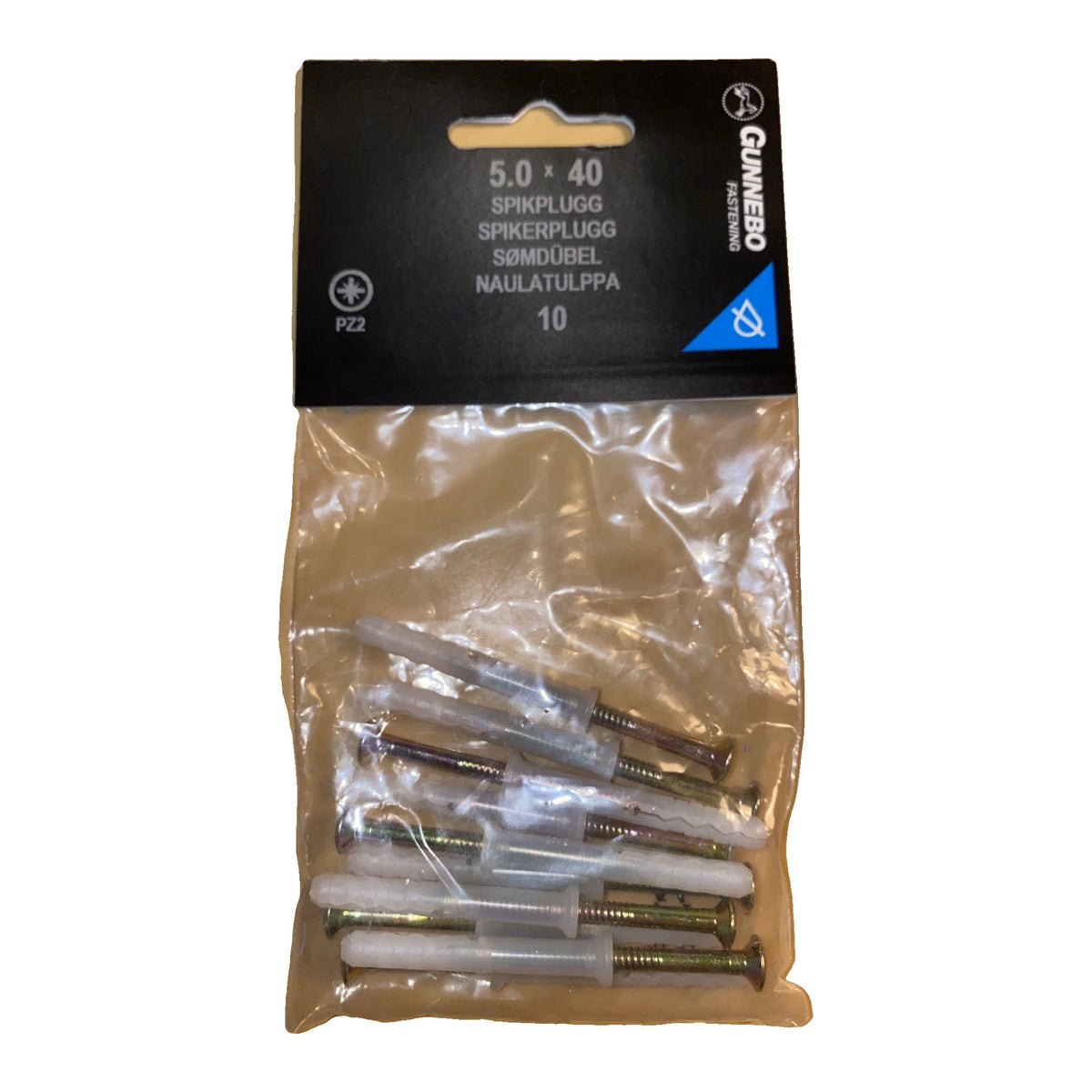 Gunnebo spikplugg 5,0 x 40 mm gulförzinkad i förpackning med 10 st, framsida