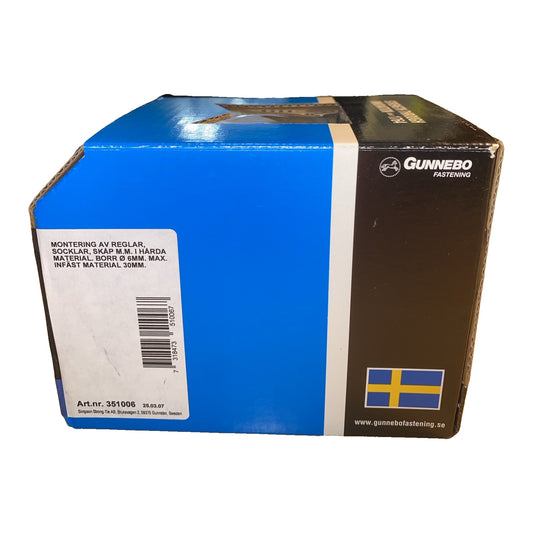 Spikplugg Gunnebo Fastening etikett med monteringsanvisning och art.nr 351006