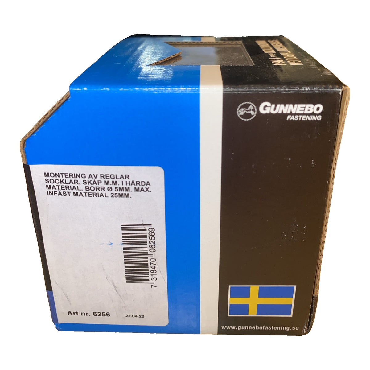 Spikplugg Gunnebo Fastening etikett med monteringsanvisning och art.nr 6256