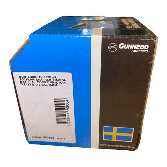 Spikplugg vit Gunnebo Fastening etikett med monteringsanvisning och art.nr 350905
