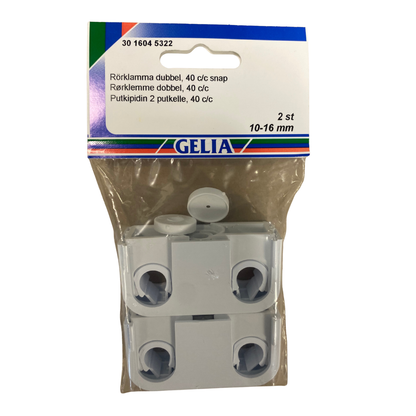 Rörklamma dubbel 10-16 mm GELIA i förpackning, framsida