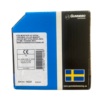 Sockelskruv Gunnebo Fastening förpackning baksida med CE-märkning art.nr 14221