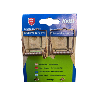 Musfällor Kvitt i trä 2-pack förpackning framsida