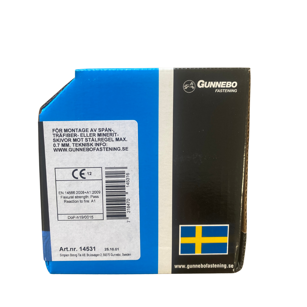 Sockelskruv Gunnebo Fastening förpackning baksida med CE-märkning art.nr 14531