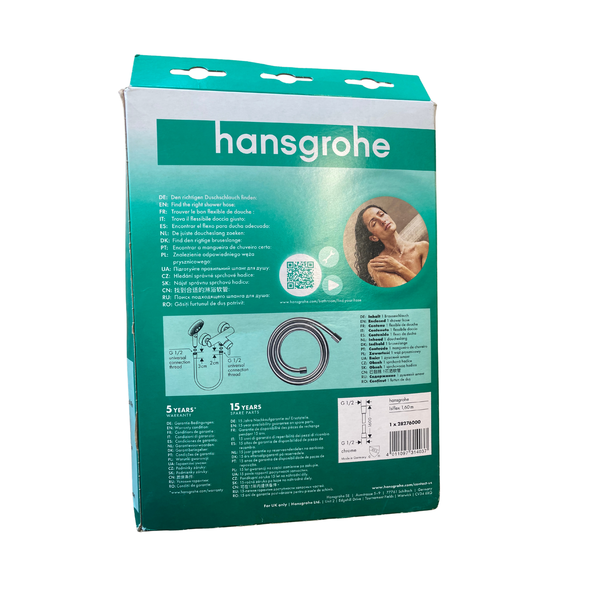 Duschslang Hansgrohe Isiflex förpackning baksida med teknisk information och mått