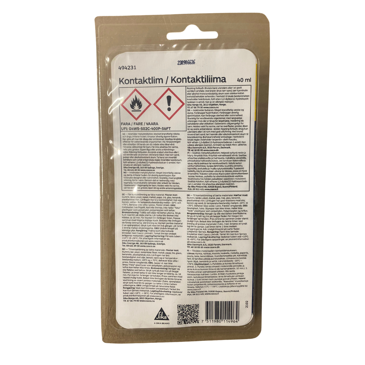 Kontaktlim Casco förpackning baksida med varningsinformation