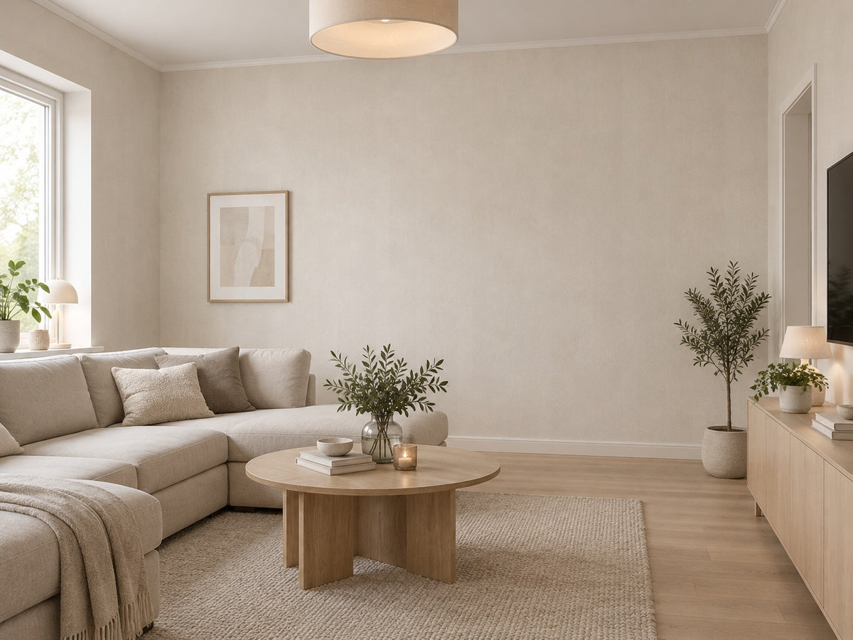 Tapet i beige med mjuka diagonala ränder uppsatt i ett ljust vardagsrum