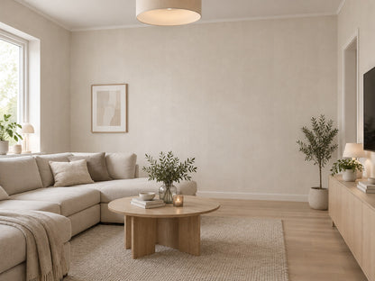 Tapet i beige med mjuka diagonala ränder uppsatt i ett ljust vardagsrum