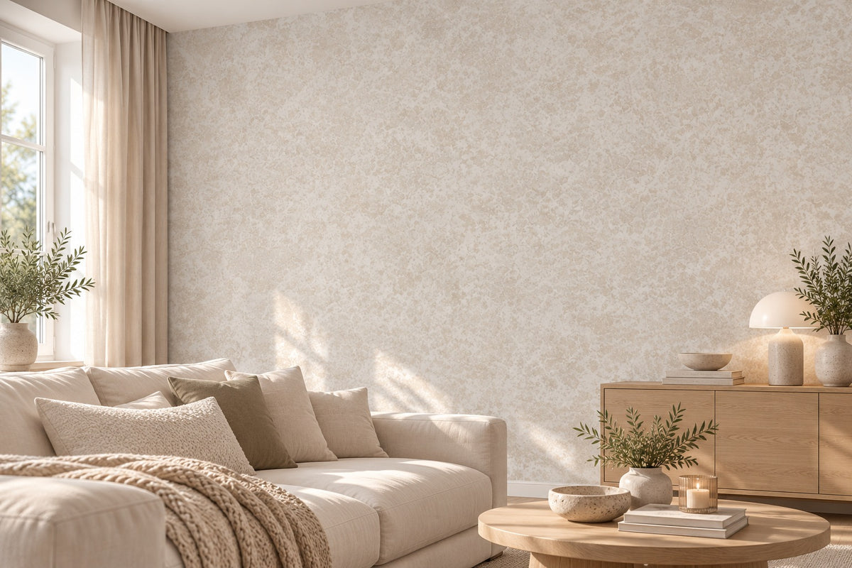 Vardagsrum med ljus beige marmorerad tapet Borosan 511 – AI-genererad miljöbild
