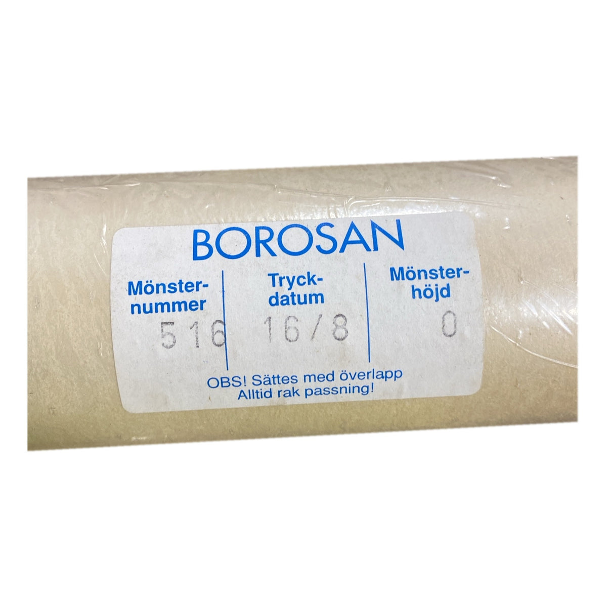 Tapetrulle Borosan 516 etikett med tryckdatum 16/8