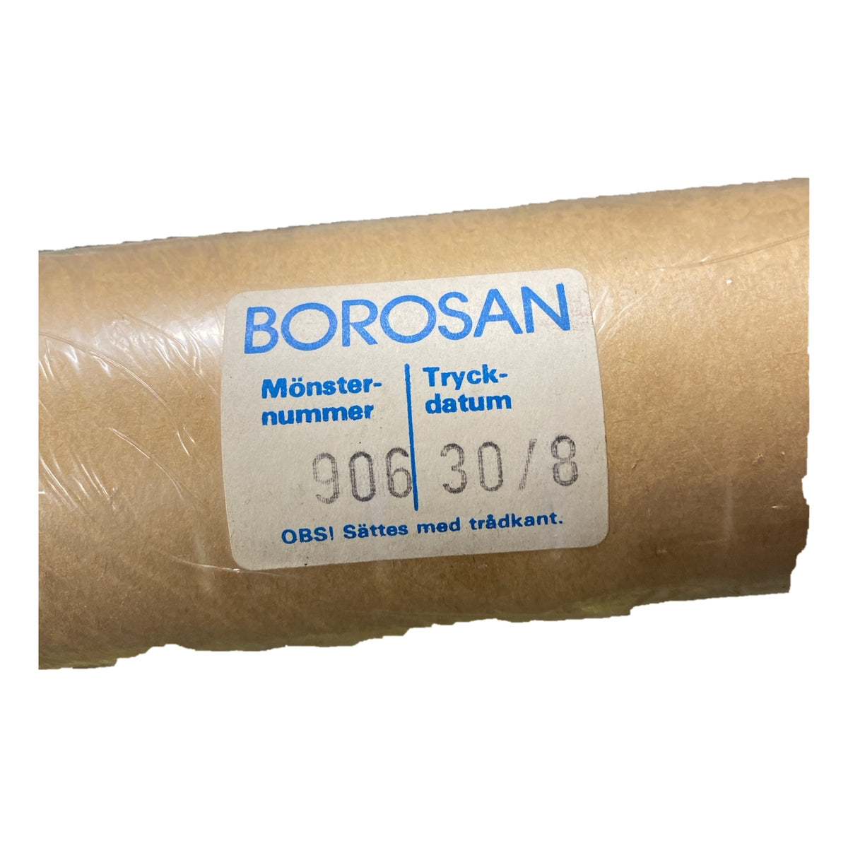 Tapetrulle Borosan 906 med etikett, mönsternummer och tryckdatum