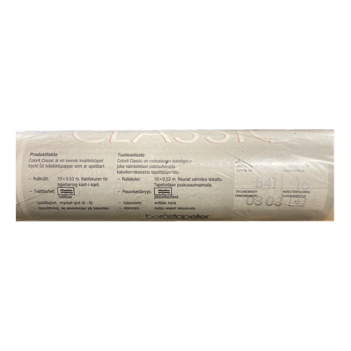 Tapetrulle Colorit Classic B41 med produktfakta, trycknummer 0303 och rullmått 10 x 0,53 m