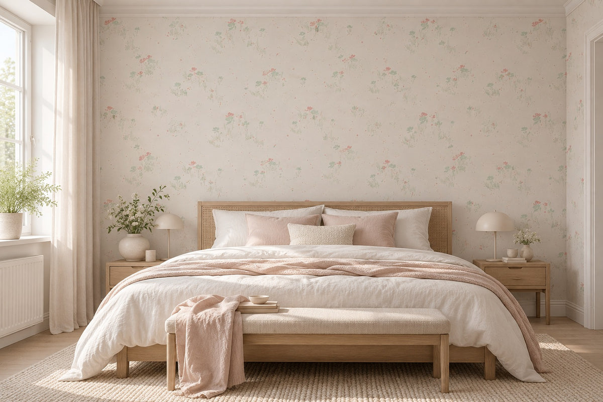 Sovrum med ljus tapet med ängsblommor i rosa och mintgrönt – AI-genererad miljöbild