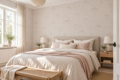 Sovrum med ljus tapet med rosa och vita ängsblommor – AI-genererad miljöbild
