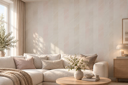 Vardagsrum med ljus tapet Borosan 815 med grafiskt mönster i rosa och beige – AI-genererad miljöbild