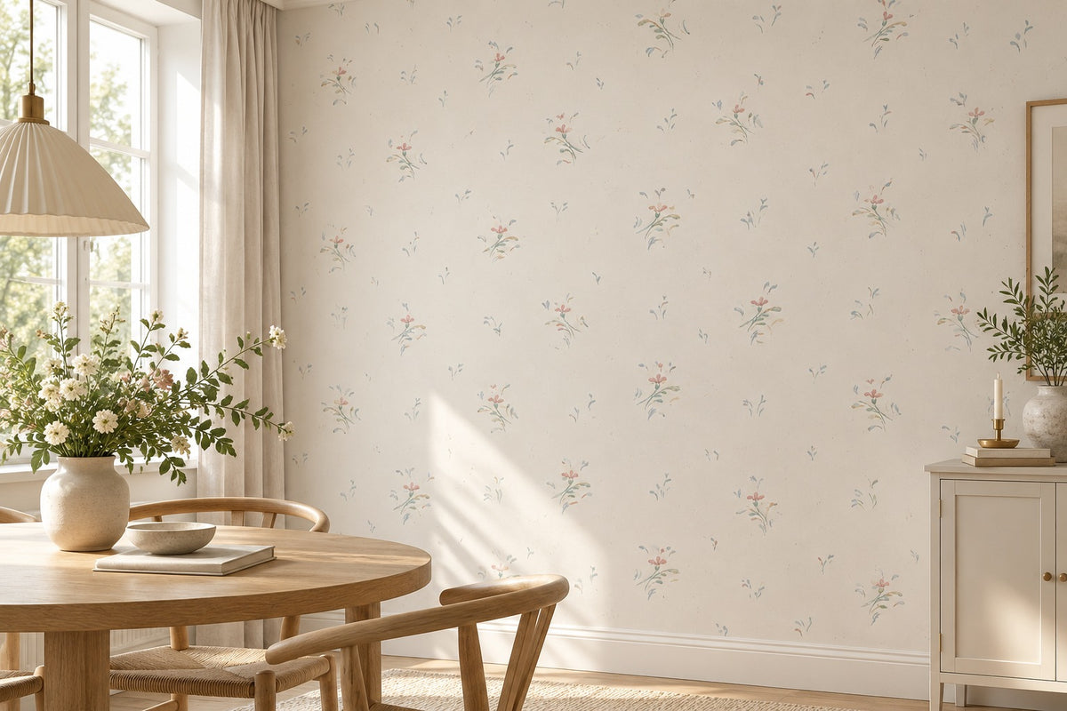 Matsal med ljus tapet med små målade blommor Borosan 571 – AI-genererad miljöbild